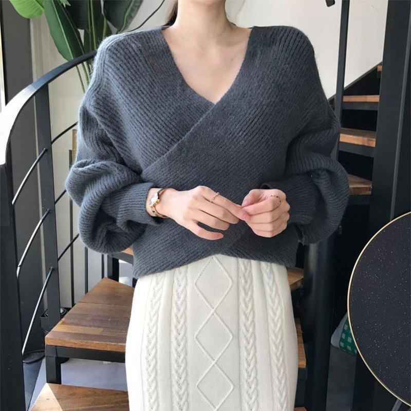Women's Korean Style Cross V-Neck Sweater - Plain Color, Loose Design, Long Sleeve Knitwear for Autumn/Winter 2026.