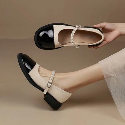 - Square Heel Color-blocked Beaded One-line Buckle Women's Heeled Single Shoes with Shallow Mouth and Versatile