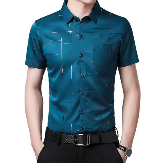 Men Shirt Business Formal Turn-down Collar Silky Summer Top for Work