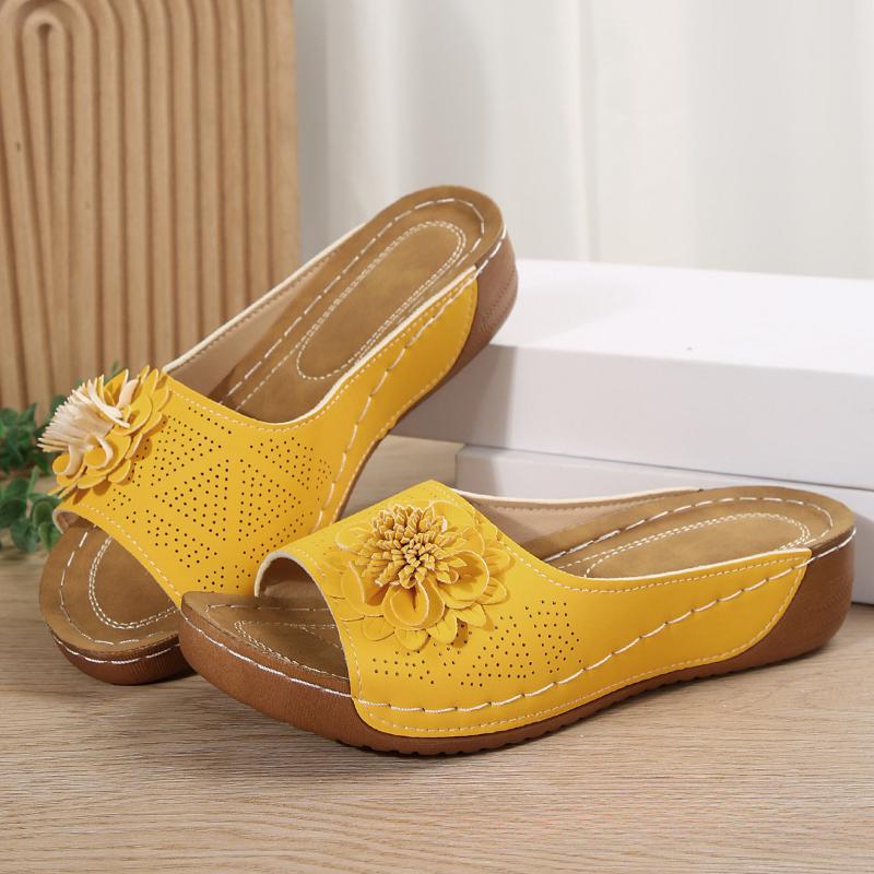 Summer Sandals  comfortable Non-slip Wedge Sandals for Women all Day Walking PU Leather Solid Color Open-Toe Slides Flat Beach Sandals