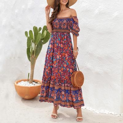 Women's Boho Maxi Dress Summer Casual Floral Print Flowy Dresses Puff Short Sleeve Square Neck Midi Dress for Beach Party Wedding