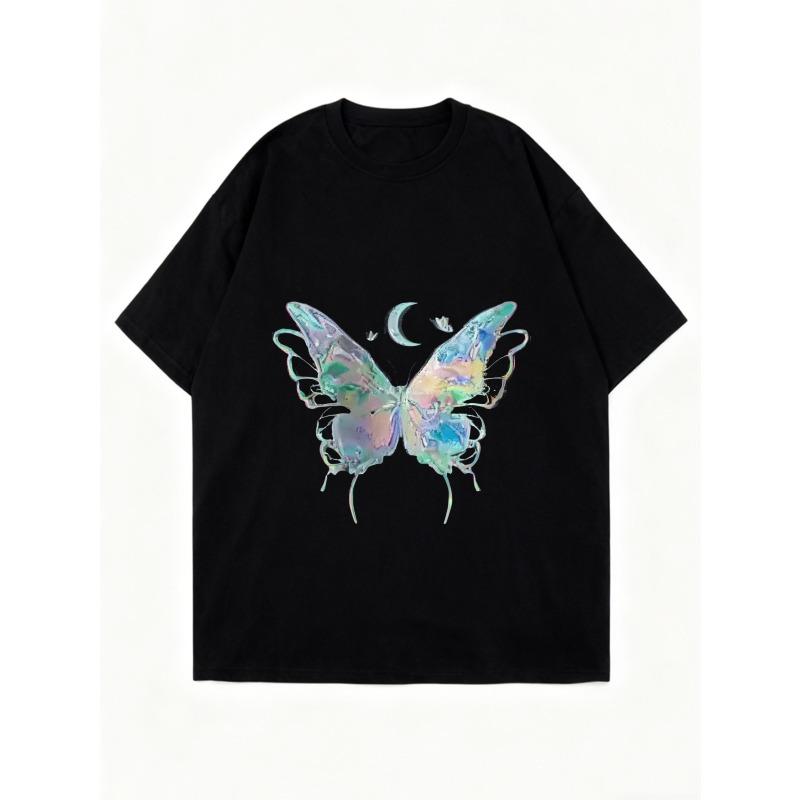 Oversized T Shirt Black Butterfly Moon Print Graphic Tee Casual Streetwear Fashion Women Summer Top