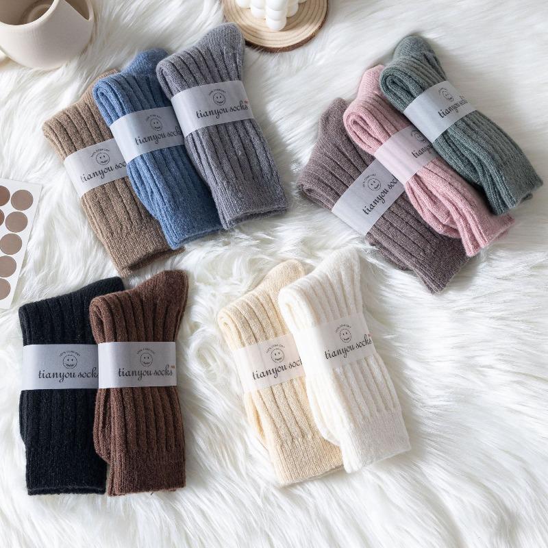 Children's Winter Thick and Warm Wool Socks with Vertical Stripes, Versatile and Plain Color, Pile-up Socks, Double-needle Thick Yarn, Long Socks