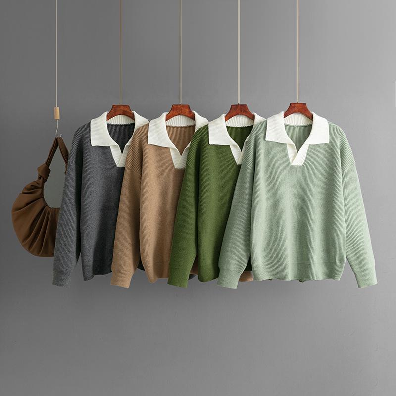 2025 Autumn/Winter Women's Color Block Polo Collar Loose Knit Sweater Pullover