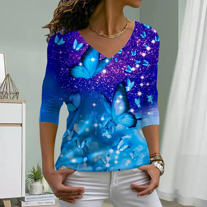 

Фиолетовый принт бабочки женские футболки женские топы с длинным рукавом V-образный вырез пуловер женские футболки футболка для женщин XL синий