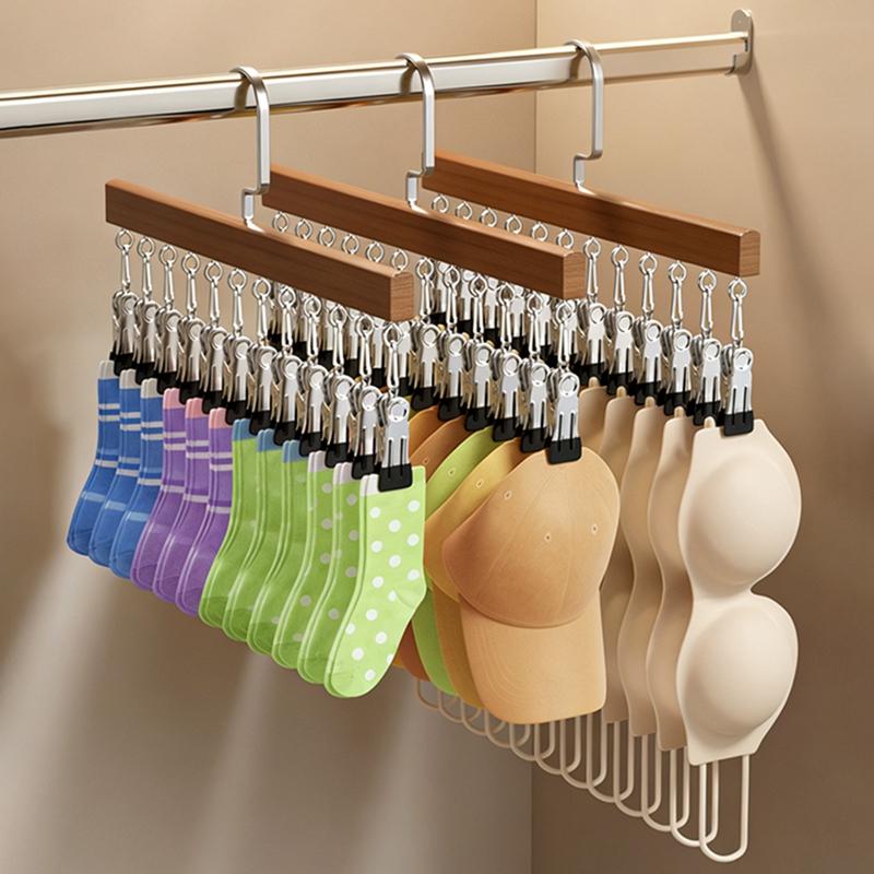 Wood Multi-Function 12 Clips Underwear Clip Wardrobe Clothes Hanger