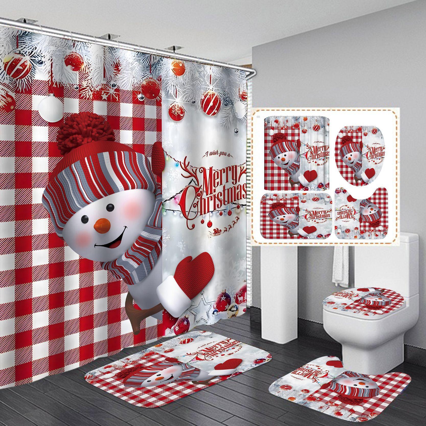 Christmas Snowman Decoration Shower Curtain Bath Tent Polyester Shower Curtain Four-Piece Christmas Bathroom Curtain Floor mat 40X60CM