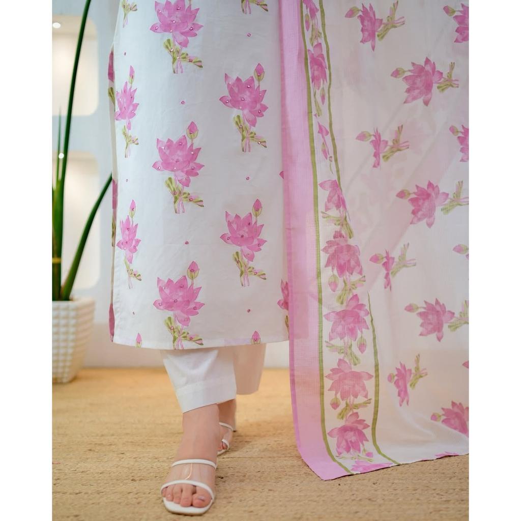 Beautiful Cotton Kurti Pant Dupatta Set Indian Bollywood Top Tunic Kurta Set