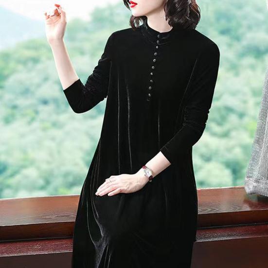 Women Fall Dress Solid Color Loose Long Sleeves Button Maxi Dress Keep Warm  Velvet Plus Size Mom Spring Dress Women Clothes Buy cheaply on Joom
