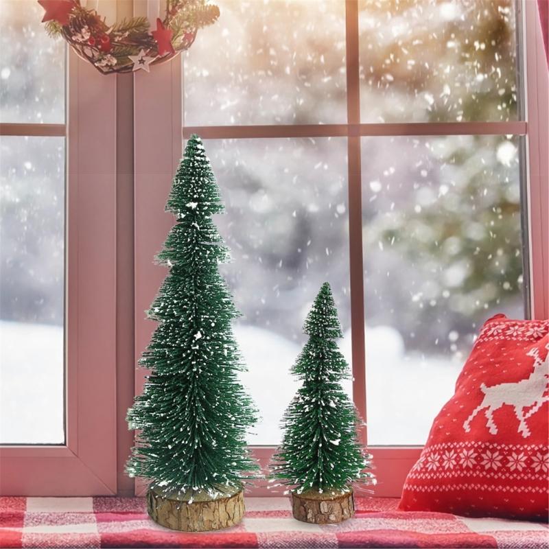 Realistic Miniature Christmas Tree Wood Base Desktop Christmas Tree Ensembles with Realistic Snowy Appearance