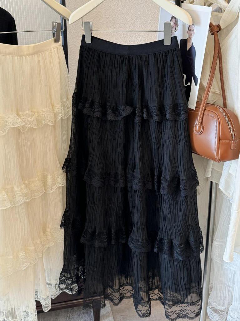 Textured Lace Layered Midi Skirt for Spring/Summer - Women's Sweet Sheer Mesh Skirt