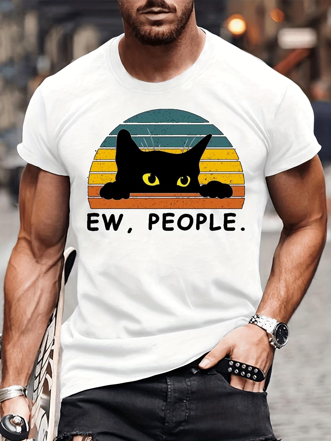 Summer gift mens casual and fashionable black cat printed Tshirt short sleeved round neck hiphop style top S