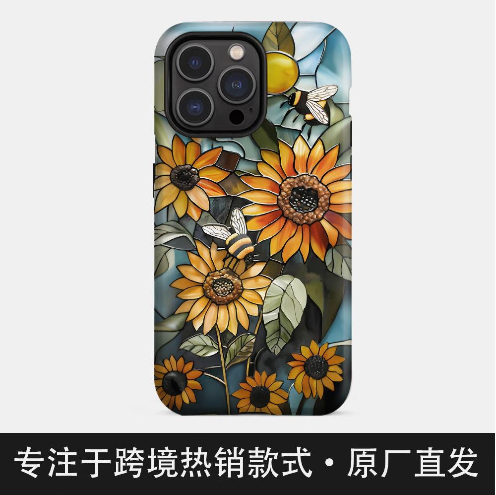 Niche Retro Style Sunflower Bee Illustration Apple 17 Mobile Phone Case iPhone13promax Double Protective Case