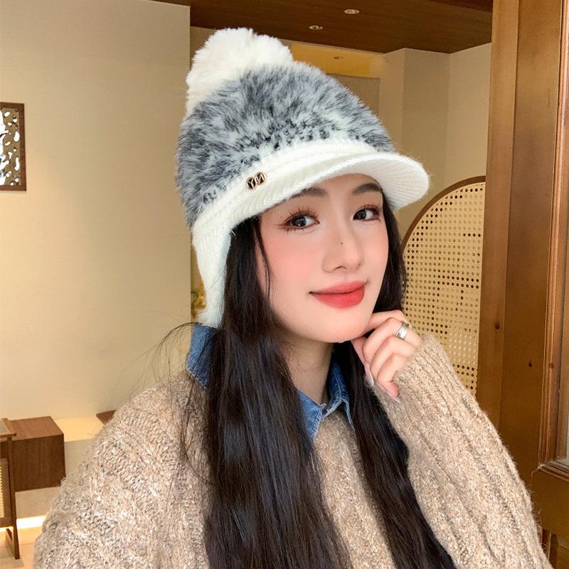 New Autumn and Winter Hats for Women Color Blocking Knitted Wool Hats with Neck Protection and Two Baseball Caps for Winter Warm Ear Protection Hats