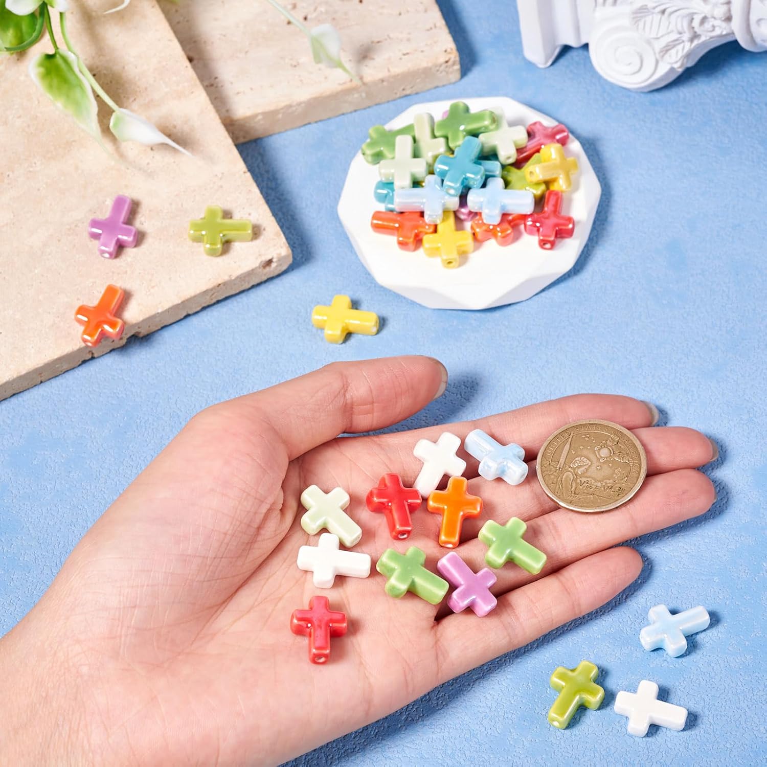 50Pcs Cross Porcelain Beads Colorful Crucifix Cross Ceramic Beads Easter Rosary Crosses Handmade Craft Beads Loose Spacer Beads for DIY Crafts
