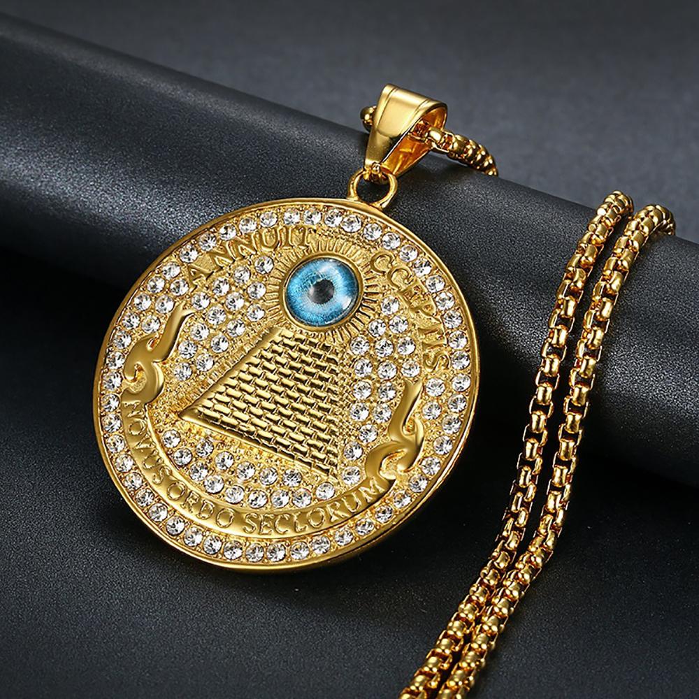 Ancient Egypt Pyramid All See Eye of Providence Pendant Gold Color Stainless Steel Round Necklace for Men Egyptian Jewelry Gift