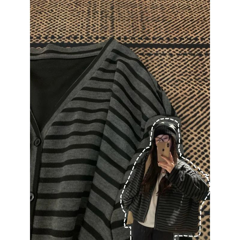 Giacca cardigan a righe contrastanti larga stile casual da donna, nuova per primavera e autunno, a monopetto, maglione in maglia a maniche lunghe