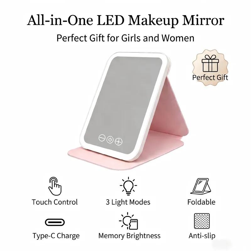 USB Rechargeable Vanity Mirror with Touch Screen, 3 Color LED Lights & Dimming, Portable Folding Makeup Mirror for Home & Travel