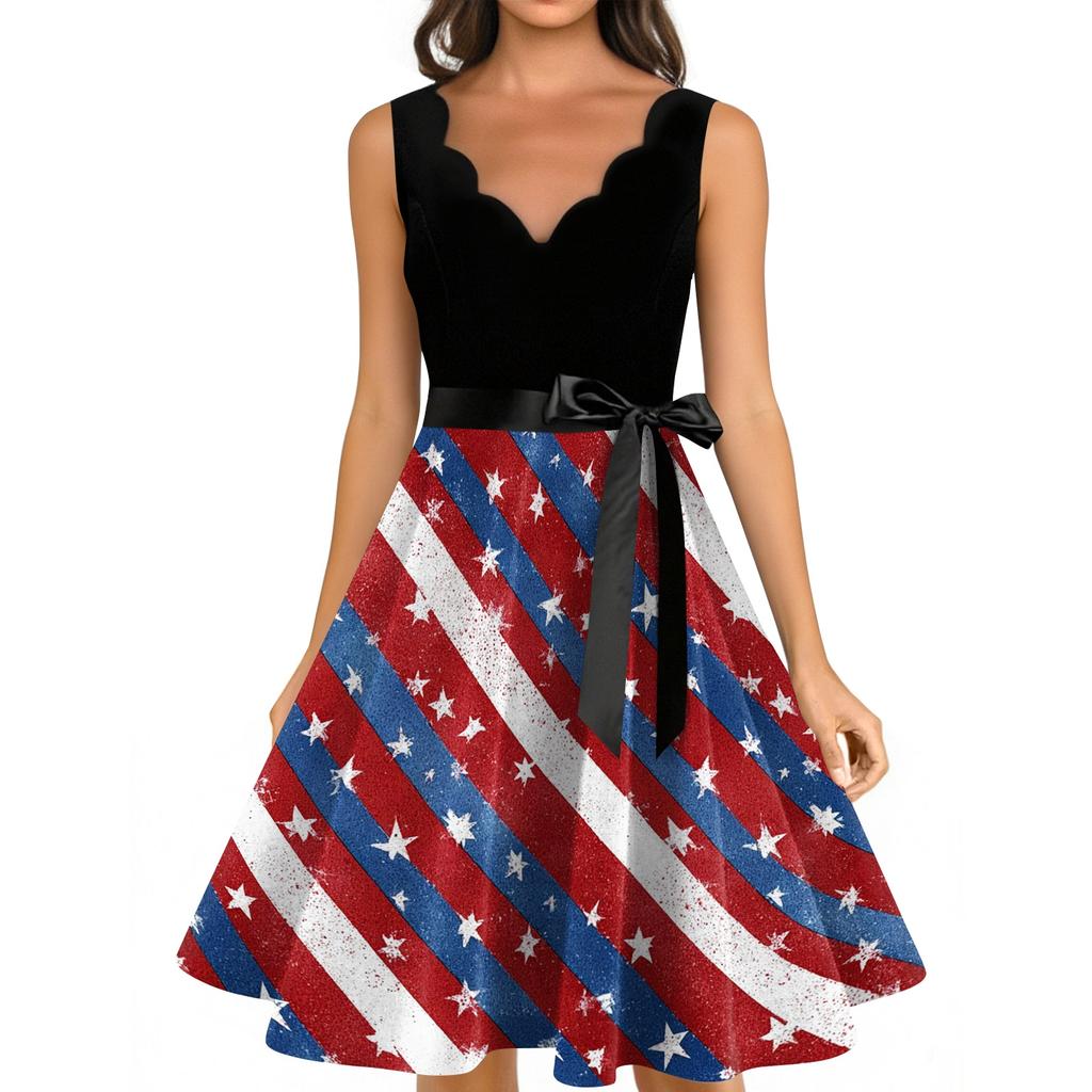 Sleeveless Scalloped Neckline Dress with Star and Firework Print with Sash for Women Holiday Event