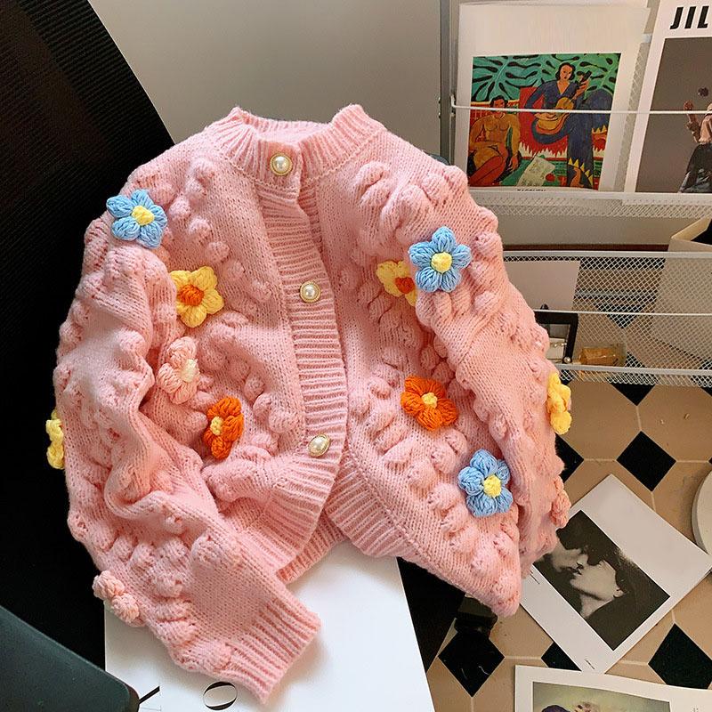

Женский осенне-зимний вязаный кардиган с вышивкой цветов, модный свитер с длинными рукавами контрастного цвета one size fits all розовый