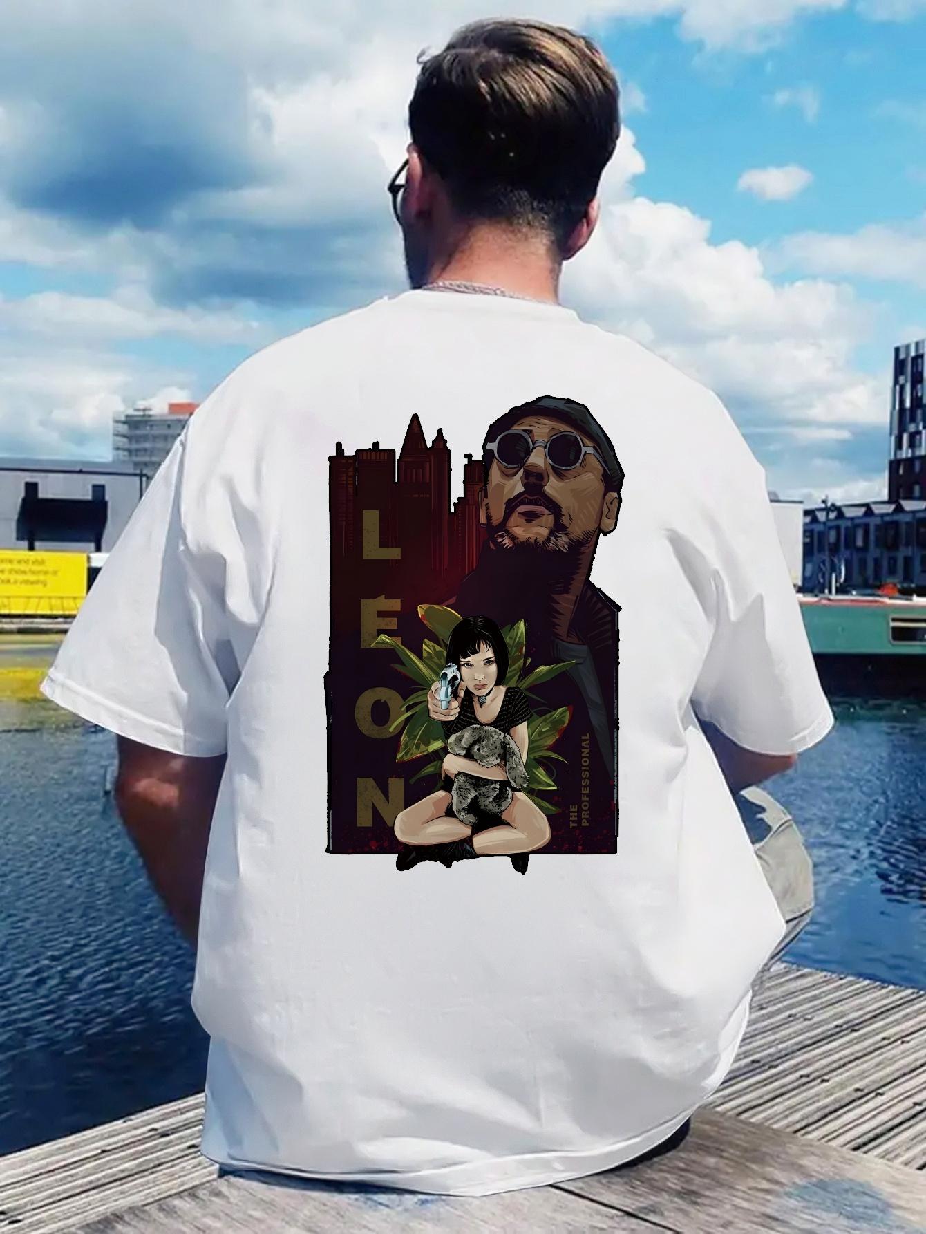 Casual Short Sleeve T-shirt with Leon Cityscape Print - Black Polyester Crew Neck L