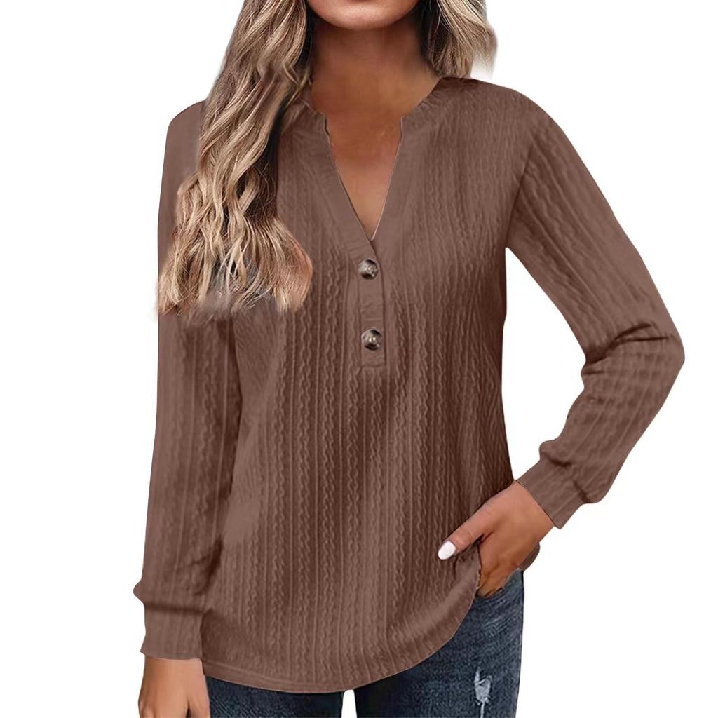 European & American Autumn/Winter Women's Long-Sleeve V-Neck Button T-Shirt 2024
