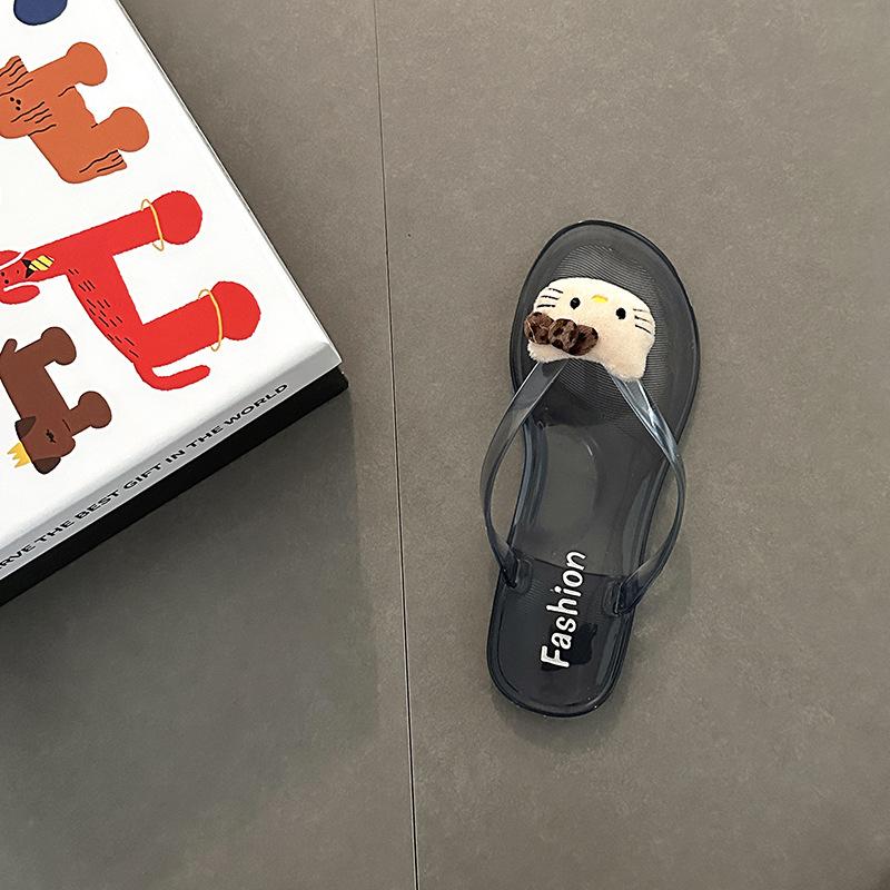 2025 Summer Fashion Versatile Sandals Thick Bottom Flip-flops Women's Cartoon Animation Toe Crystal Flat Bottom Cool Slippers