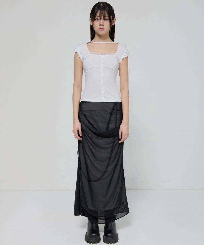 Peulleeoeob Draped Mesh Layered Long Skirt (Fl-264_Black)
