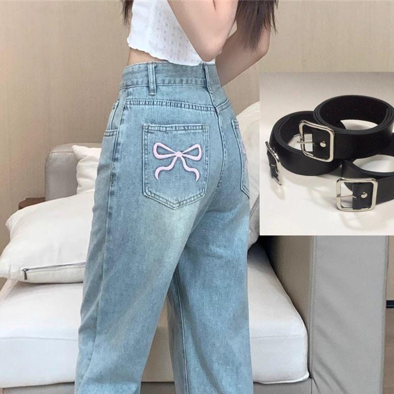 

Embroider Bows Denim Women s Summer Thin 2025 New Arrival High Waist Slimming and Straight Loose Wide Leg Mop Pants Light blue configuration belt S