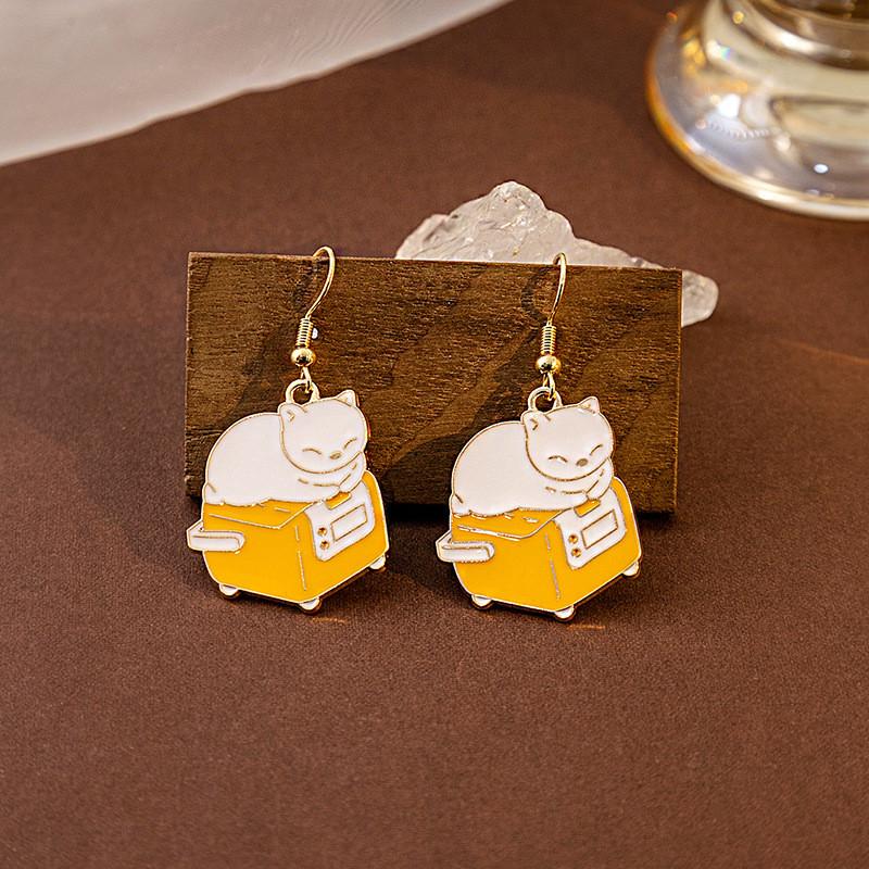 Cute Interest Cup Book Kitty Pendant Earrings Fashion Cartoon Enamel Cat Dangle Ear Jewelry Party Gifts For Women Girls