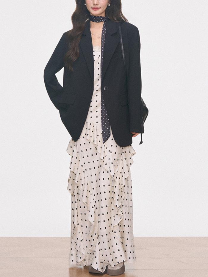 

Spring Collection: WESTAYO Polka Dot Dress for Women - Slimming, Chic, High-End Feel & Black Suit Combo S