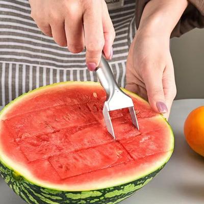 Watermelon Slicer Stainless Steel Fruit Cutter Dual Head Watermelon Fork Slicer Tool for Cubes Melon Pineapple Tool for Kitchen Picnic