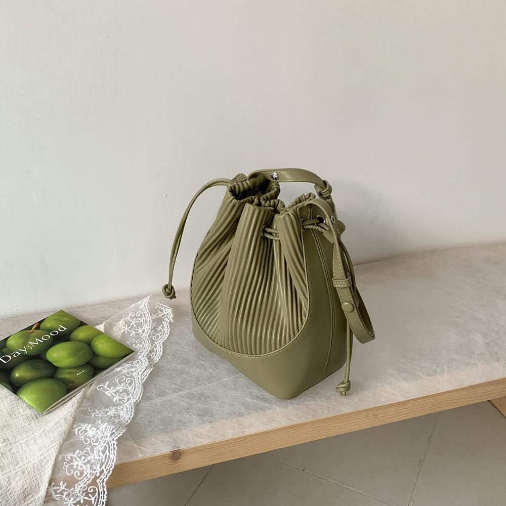 SHELKSBAG New 2026 Pleated Bucket Bags for Women High-End Style Drawstring Shoulder Bag Fashion Leather Patchwork Crossbody Bag