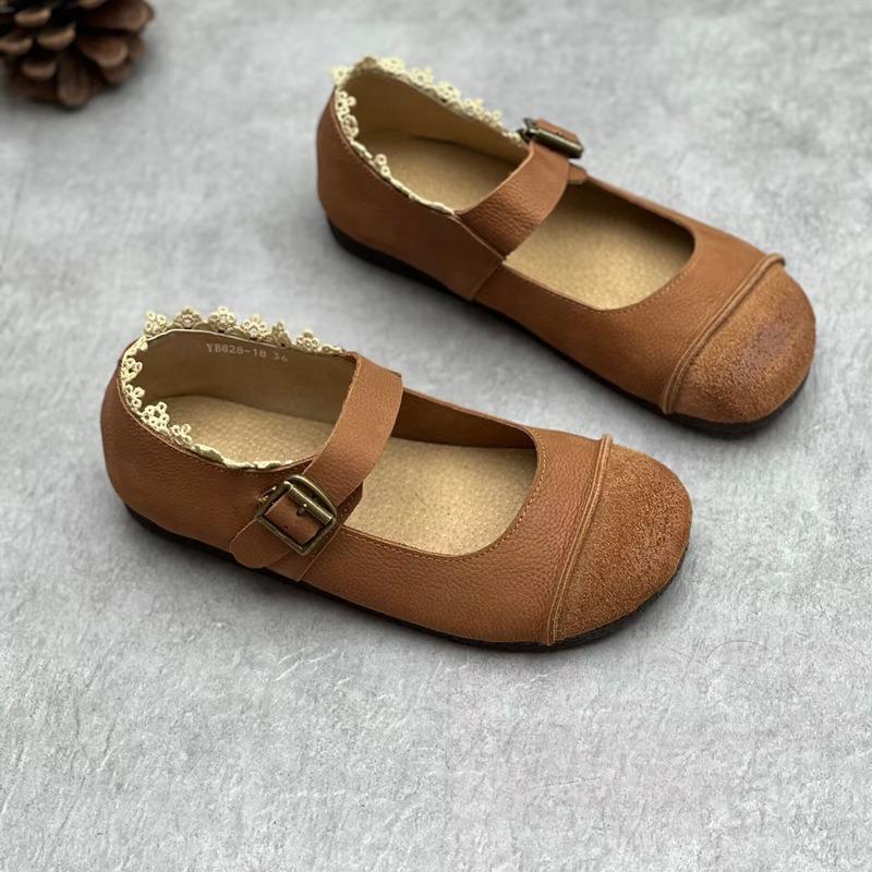 Leather Single Shoes Vintage Round Toe Flat Soft Cowhide Shoes