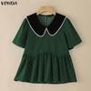VONDA Summer Women Summer Laple Neck Splicing Polka Dot Short Sleeve Casual Blouse Tops