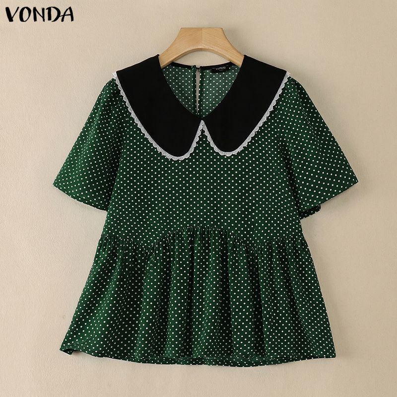 VONDA Summer Women Summer Laple Neck Splicing Polka Dot Short Sleeve Casual Blouse Tops