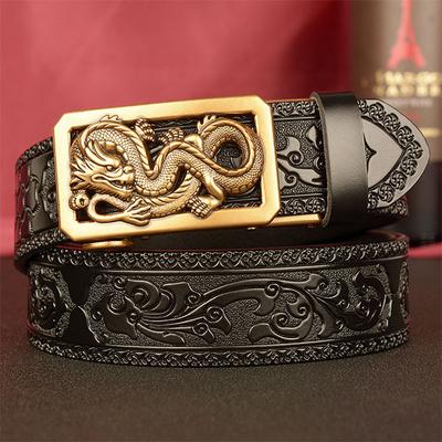Male Belt Genuine Leather Belt for Men Carving Flower Pattern Animal Dragon Gold Automatic Buckle Belt Strap for Jeans