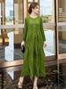 Miyake Spring Women's Plus Size Loose Green Pleated Mid-Length Dress