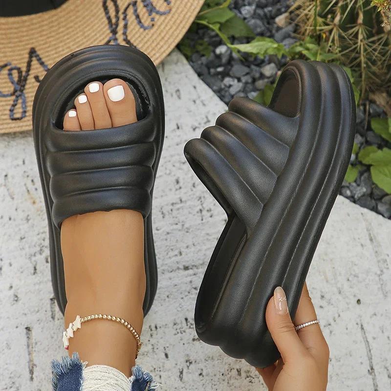 Mode Damen Klobige Plateau-Slipper Sommer Komfort Weiche Dicke Sohle Pantoletten Frau für Sandalen 2024 Offene Zehen Rutschfeste Strandschuhe