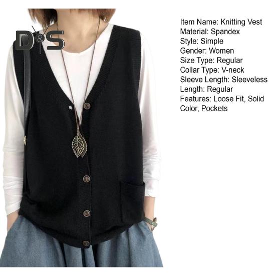 Women Knitting Vest V-Neck Sleeveless Single Breasted Warm Waistcoat Solid Color Loose Fit Knitted Tank Tops with Pockets