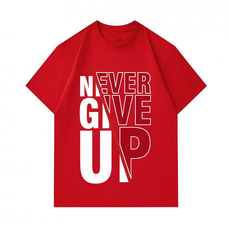 Men's 100% Cotton Crew Neck Short Sleeve T-Shirt, Classic Never Give Up Motivational Print Casual Soft Breathable Tee For Daily Wear, Regular Fit Ligh