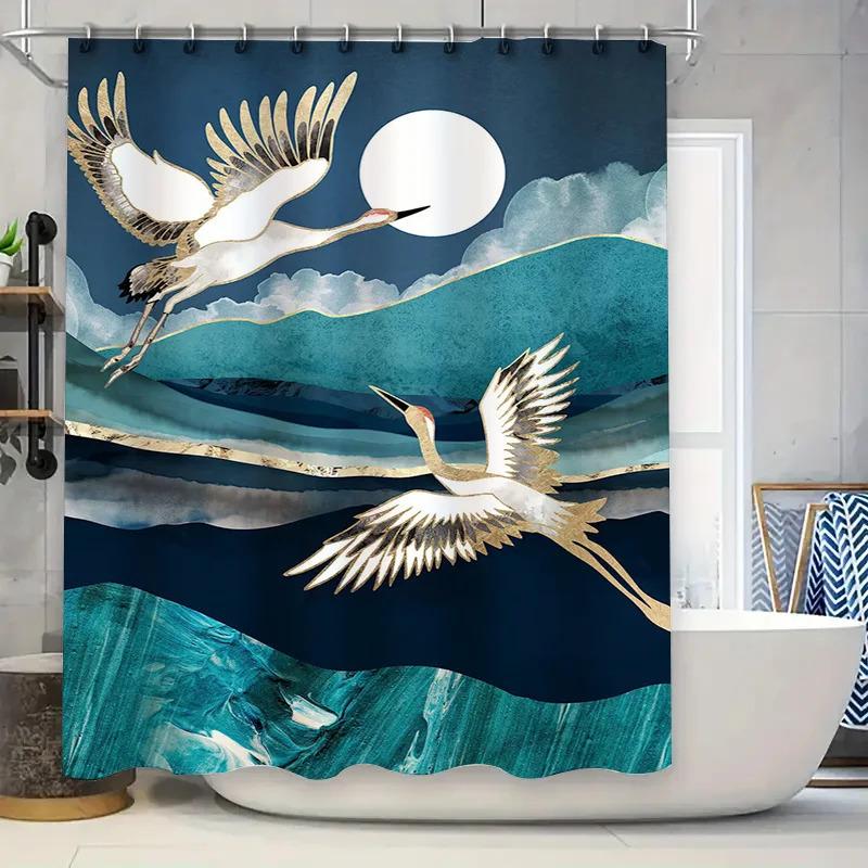 ZHL22Exquisite Crane Flight Shower Curtain Set Modern Bathroom Decor in Teal Blue Fabric for Home Decoration Ready to Ship f2Ol%