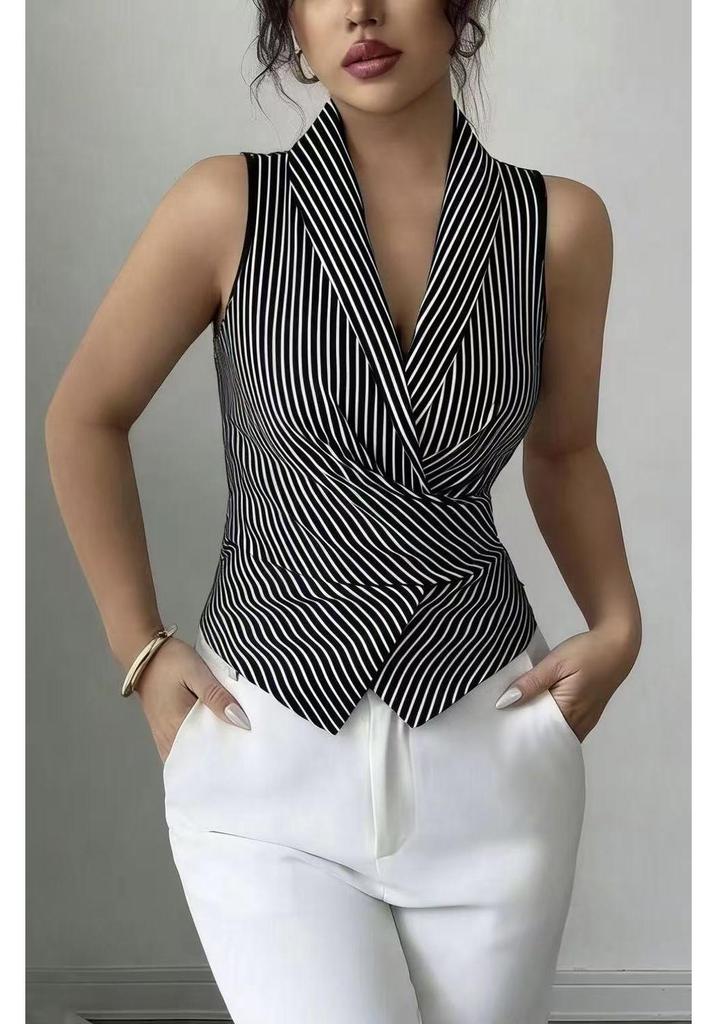 European Striped Sleeveless Tie-Waist Irregular Vest Shirt for Summer 2026