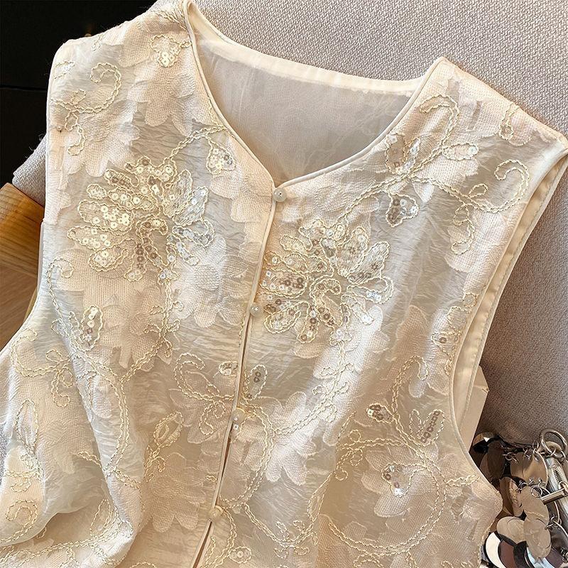 Vest women's  summer new embroidered organza stacked shirt mesh thin vest