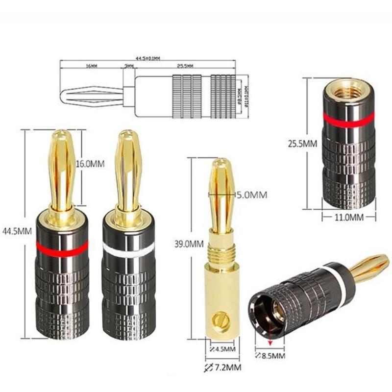2/6/10/20/50ks 4mm Banánky Samčí Konektor 24K Pozlacené Hifi Audio Reproduktorové Banánkové Konektory pro Reproduktory a Zesilovače