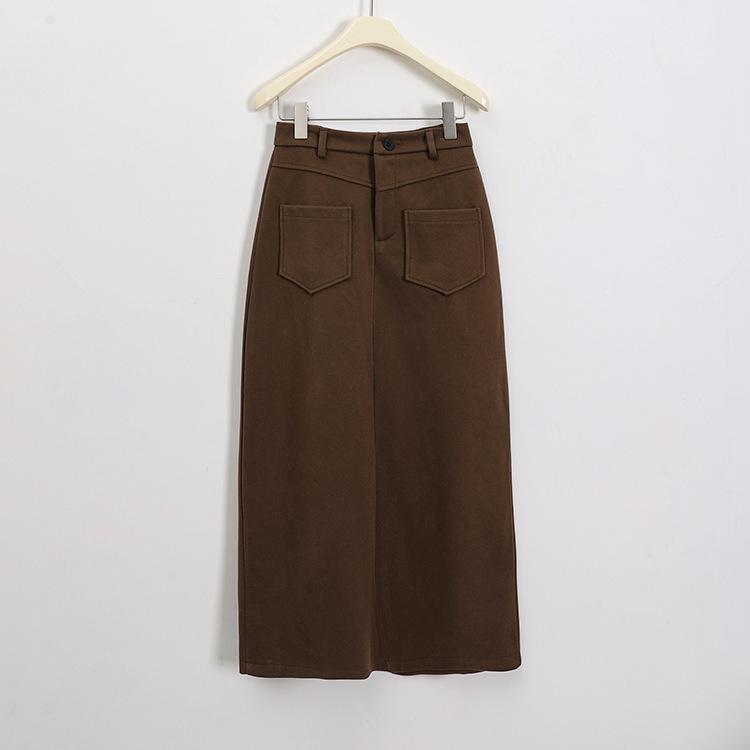 

Миди-юбка слим-фит из смесовой шерсти с поясом и двойными карманами - Ретро стиль Гонконга. Large кофейный