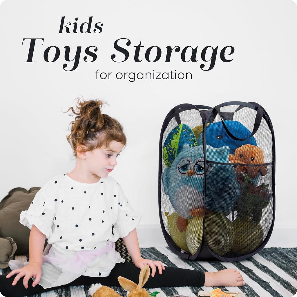 Collapsible Mesh Pop Up Hamper With Wide Opening And Side Pocket - Breathable Sturdy Foldable And Space-Saving Design For Clothes And Storage (Black)