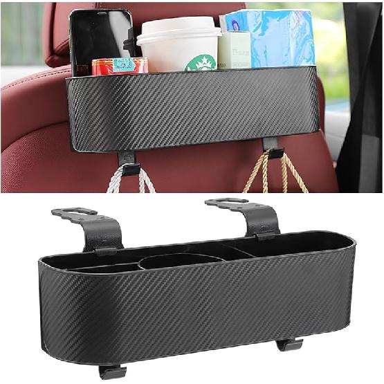 BELOMI Car Headrest Backseat Organizer With Cup Holder, Seat Back Hanging Storage Box With Hooks, Multi-Functional Drink Pocket Food Snack Phone Tray