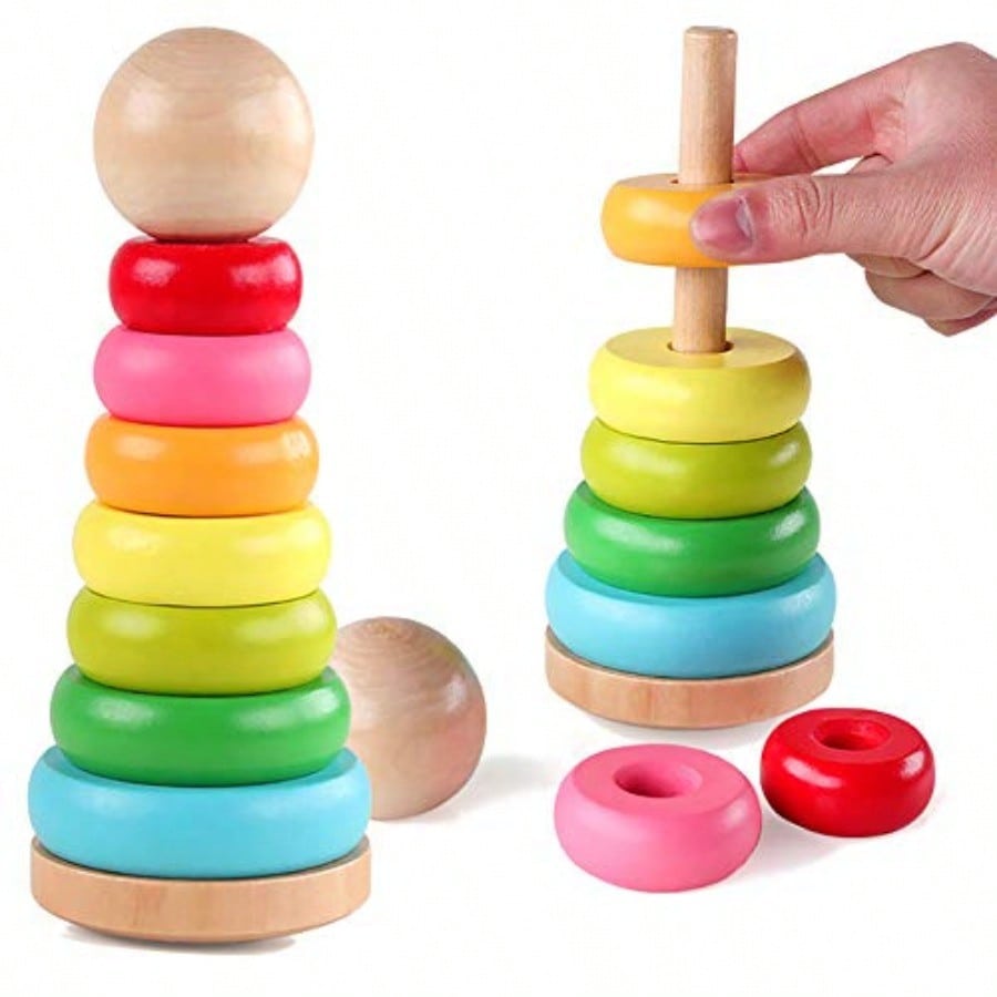 Stacking Rings Toy Wooden Rainbow Stacker Toddler Learning Toys For 18 Months 2 Year Old Baby Boys Girls  Perfect Christmas Halloween, New Year's Gift