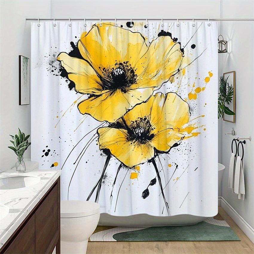 1Pc Modern Watercolor Yellow Poppy Shower Curtain - Polyester Fabric, Machine Washable, Suitable For Bathroom Decoration